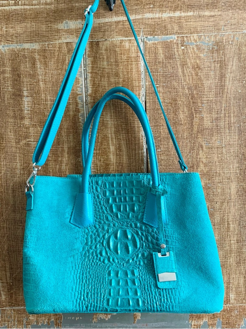 Mila Blu Italian Croc Embossed Leather Satchel Shoulder Bag Turquoise Teal blue - Picture 13 of 14